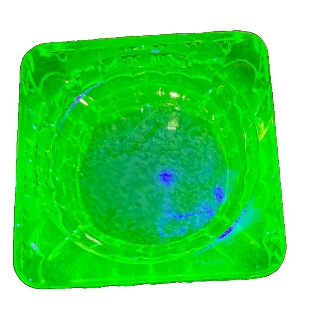 Vtg Uranium Vaseline Glass Square Ashtray UV Rx 4" Depression - Picture 2 of 4